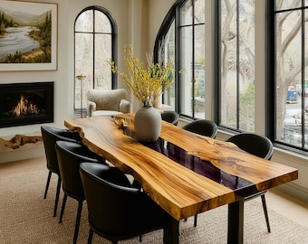 Handmade Walnut Epoxy Dining Table, Live Edge Solid Wood