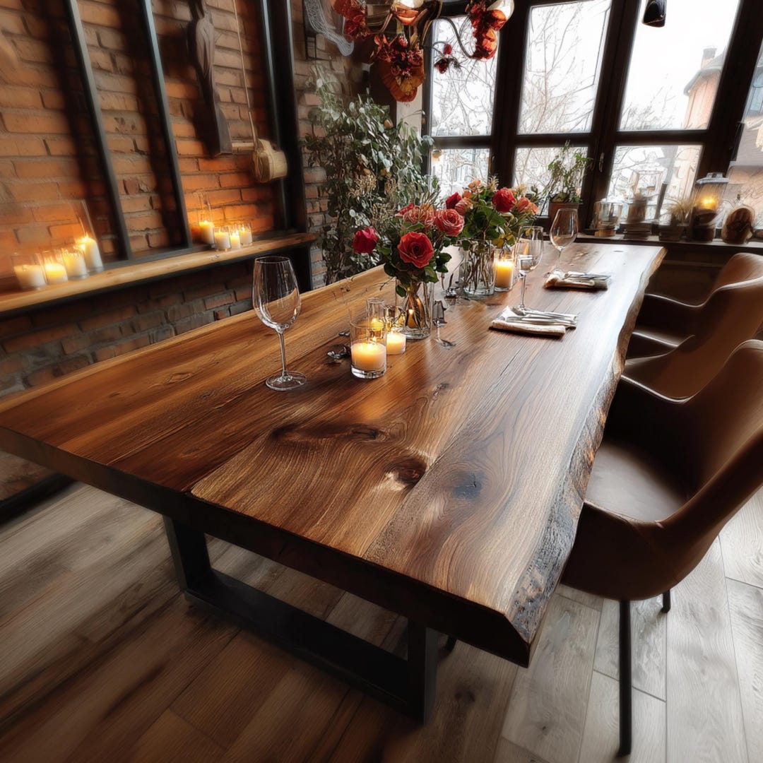 Handmade Wooden Farmhouse Table – Rustic Solid Walnut Live Edge Dining ...