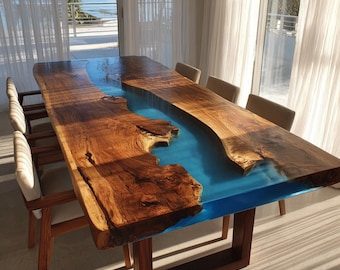 Handmade Live Edge Walnut Epoxy Dining Table, Custom Wood