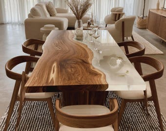 Custom Live Edge Walnut Epoxy Dining Table, Modern Rustic