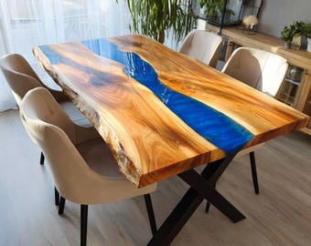Handmade Walnut Live Edge Epoxy River Dining Table