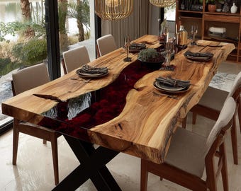 Handmade Live Edge Walnut Epoxy Dining Table, Custom River Table