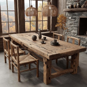 May include: A rustic wooden dining table with matching chairs. The table is made of reclaimed wood and has a natural finish. Two woven pendant lights hang above the table. The chairs have woven seats. The room has a stone fireplace and large windows.