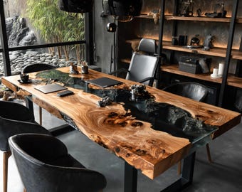 Mesa de jantar artesanal em nogueira com borda natural – Cozinha rústica de fazenda