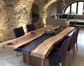 Handcrafted Live Edge Walnut Epoxy Dining Table, Rustic Wood