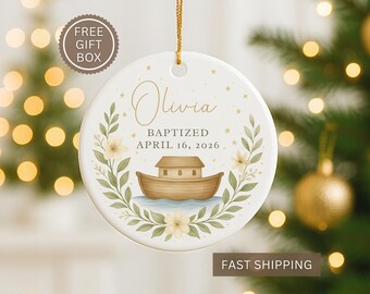 Noah’s Ark Baptism Ornament | Personalized Baby Christening Keepsake | Christian Gift for Godchild with Name Date | Religious Nursery Decor