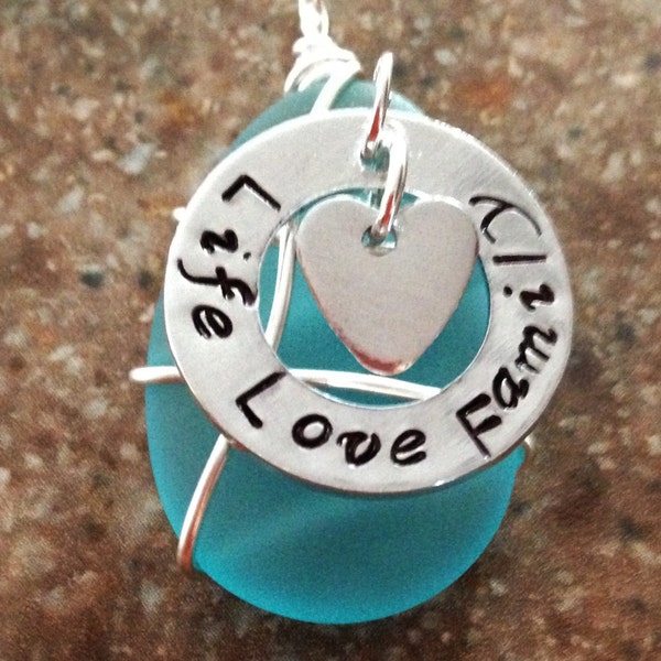 Sea glass silver plated wirewrapped pendant with handstamped pendant