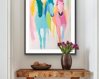 Abstract Horse Wall Art Set of 3, Colorful Modern Horse Painting, Minimal Equestrian Art, Contemporary Animal Print, Large Statement Art