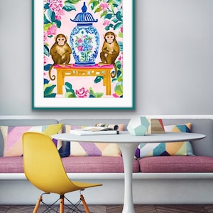 Chinoiserie Monkey Wall Art, Pink Grandmillennial Decor, Ginger Jar Art Print, Preppy Monkey Art, Palm Beach Decor, Blue and White Vase Art