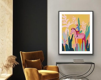 Colorful Horse Art, Modern Western Art Print, Abstract Equestrian Art, Pink Yellow Horse Art, Contemporary Cowboy Decor, Western Wall Gift