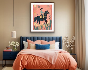 Retro Cowboy Wall Art, Colorful Western Print, Mid Century Cowboy Art, Whimsical Horse Art, Modern Ranch Decor, Pink Western Art, Farmhouse