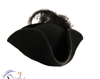 Tricornio de fieltro de lana negra con cinta negra y plumas de avestruz, tricornio de oficial, tricornio pirata, Nueva Francia, sombrero histórico