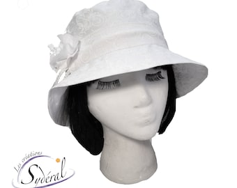 Ladie white summer hat with white pattern ,coton hat,beach hat, travel hat, big capeline, women summer hat, women capeline, packable hat