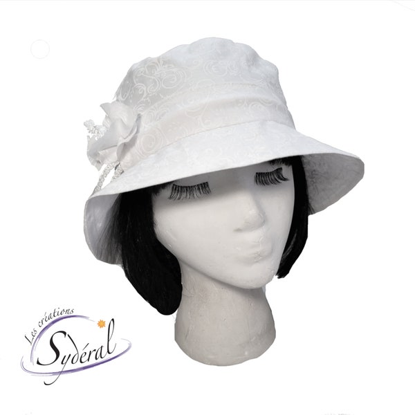 Ladie white summer hat with white pattern ,coton hat,beach hat, travel hat, big capeline, women summer hat, women capeline, packable hat