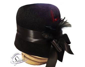 1920' style cloche hat  made in black velvet fur felt, cloche hat, felt hat, women felt hat, vintage hat, black felt hat