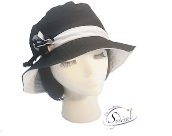 Sombrero de verano de algodón blanco y negro para mujer, ajustable, sombrero de playa, sombrero de viaje, sombrero práctico, sombrero de verano blanco y negro