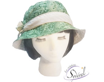 Sombrero de verano de algodón verde y crema para mujer, sombrero de playa, sombrero para el sol, sombrero verde, sombrero ajustable, sombrero de verano floral