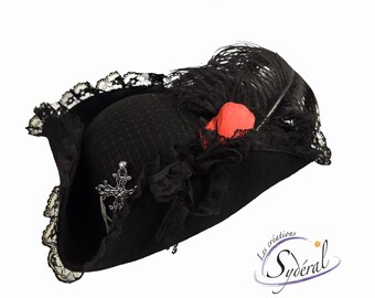 Sombrero tricornio para mujer, sombrero tricornio pirata de fieltro de lana negro para mujer, sombrero tricornio negro, sombrero tricornio de fieltro negro, sombrero pirata, sombrero para LARP, sombrero de disfraz