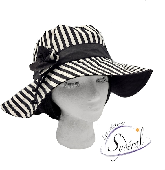 Capeline d'été pour femme en coton rayé noir et blanc, ajustable, chapeau été femme, chapeau soleil, capeline d'été, capeline coton, chapeau
