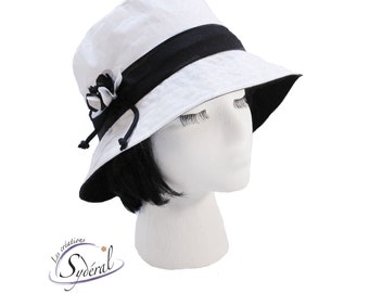 Ladies summer white and black coton hat, beach hat, travel hat, women summer hat, sun hat, white hat, white summer hat, white and black hat