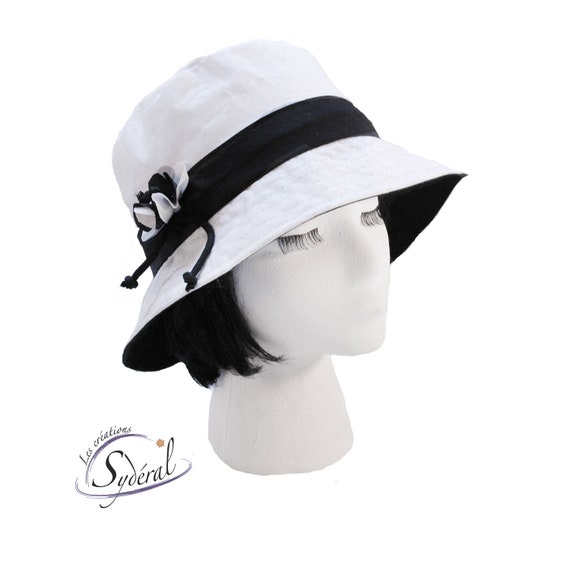 Ladies Summer White and Black Coton Hat, Beach Hat, Travel Hat