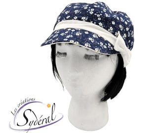 Summer cap in navy blue cotton with white flowers patterns, women's cap, newsboy cap, women's summer hat, light cap, summer cap. navy cap