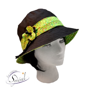 Ladies summer black and lime green coton hat, beach hat,travel hat, women summer hat, sun hat, packable hat, black hat, green hat