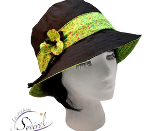 Sombrero de verano para mujer en algodón estampado floral negro y verde lima, ajustable, ideal para la playa, viajes o como sombrero práctico.