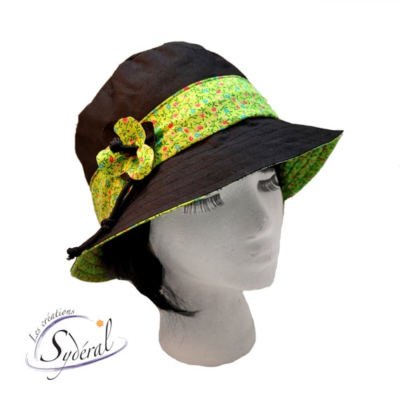 Ladies Summer Black and Lime Green Coton Hat, Beach Hat,travel Hat, Women  Summer Hat, Sun Hat, Packable Hat, Black Hat, Green Hat 
