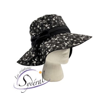 Ladies summer hat, black coton with white flowers patterns hat, beach hat, travel hat, big capeline, women summer hat, sun hat, sun capeline