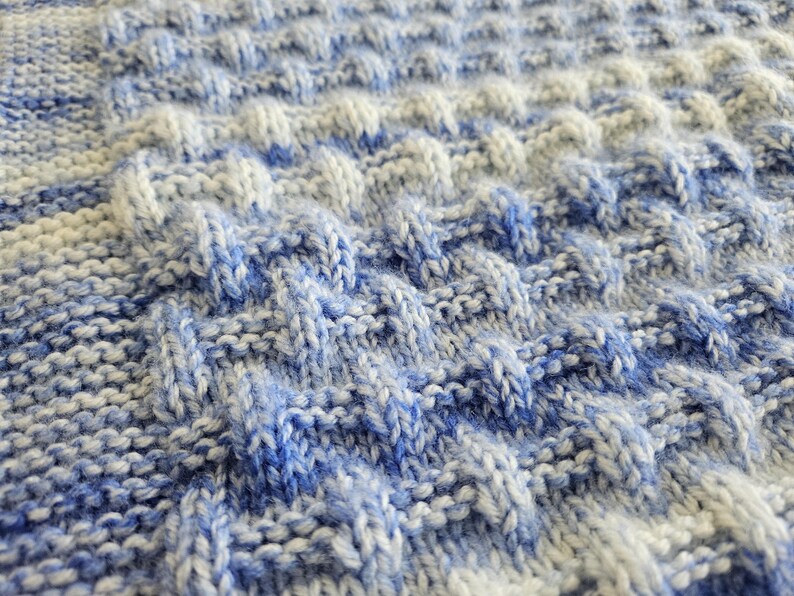 May include: Close-up of a knitted blanket with a textured pattern. The blanket features a combination of white and blue yarns, creating a soft, mottled appearance. The knit stitch creates a raised, dimensional effect, adding visual interest to the textile.