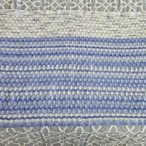 May include: A rectangular, knitted blanket in shades of white and blue. The blanket features a textured pattern with horizontal stripes of varying blue hues, transitioning from lighter to darker shades. The blanket is displayed on a patterned bedspread.