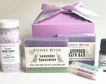 Gift Box with Handcrafted Soap, lip balm, pure essential oils, bath salts