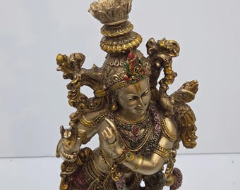 VTG Krishna Statue Hindu Deity Flute Player Gold Finish 15" See Pics Sold AS-IS