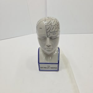 May include: A white ceramic bust of a human head featuring a phrenology-style map on the cranium with black text labels including EGO, SECRETS, ALIENS, and PLAYGROUND TRAUMA. The base is rectangular with a blue border and the text THE HUMAN MIND.