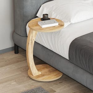 Round Wooden Sofa Side Table – Modern C Shaped End Table for Living Room, Small Coffee Snack Bedside Table