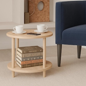 Round Wooden Side Table | Modern Minimalist Coffee Table with Storage Shelf | Small Sofa End Table for Living Room Bedroom Decor
