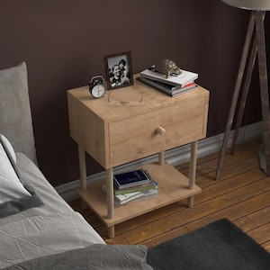 Pine Wood Nightstand with Drawer and Shelf, Modern Bedside Table, Scandinavian Minimalist Bedroom Furniture, Small Storage Side Table