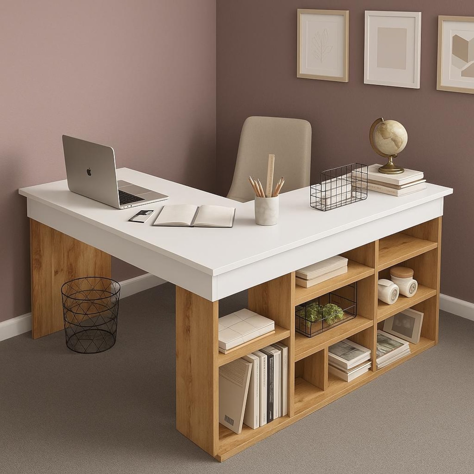 L Shaped Desk with Storage | Modern Home Office Desk with Bookshelves