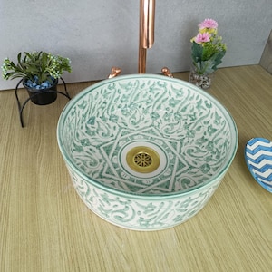 Handmade Moroccan Ceramic Sink – Hand Painted Vessel Basin – Bathroom Countertop Vanity Bowl – Artisan Washbasin
