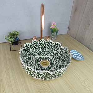 Handmade Moroccan Ceramic Sink – Green Patterned Vessel Basin – Artisan Bathroom Countertop Washbasin