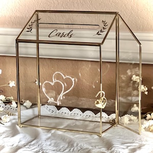 Glass Wedding Card Box - Gold Heart Lock - Bridal Shower - Quinceanera - Anniversary - Birthday - Rhinestone Double Hearts