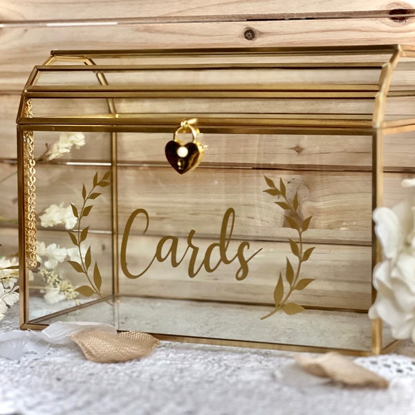 Glass Wedding Brass Card Box With Gold Heart Lock - Bridal Shower Card Box - Quinceanera Card Box - Funeral Card Box - Birthday Card Box