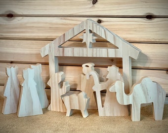 Wooden Paintable Miniature Nativity Set - 9 Piece Nativity Scene - Children's Christmas Crafts - Children's Nativity Set - Stockiing Stuffer