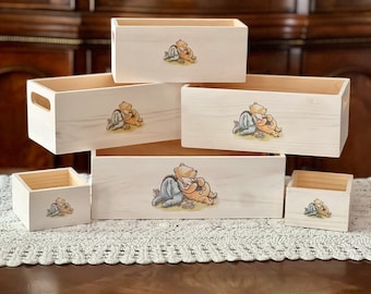 Winnie The Pooh Wood Gift Crate - Nursery Book Box - Diaper Storage - Alternative Baby Shower Gift Bag - Nursery Book Case - Vintage Pooh