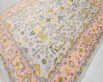Hand Knotted Wool Rug, Oushak Rug Sky Blue & Blush Pink Oushak Rug Modern Geometric Distressed Carpet Modern Custom Sizes 5x8 6x9 8x10 9x12