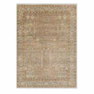 May include: A rectangular, beige area rug with an intricate, traditional design. The rug features a central field with floral and geometric patterns in shades of pink, blue, and yellow. The border has a detailed, repeating motif, and the rug has a fringe on the short ends.