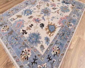 Hand Knotted Wool Rug, Oushak Rug Blue/Blush/Taupe Oushak Rug Modern Geometric Distressed Carpet Modern Custom Sizes 5x8 6x9 8x10 9x12