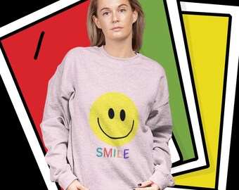 Smile-sweater met grafische ronde hals: uniseks katoenen smile-sweater, trendy gezicht, smileface-hoodie, positiviteitssweater, damescadeaus