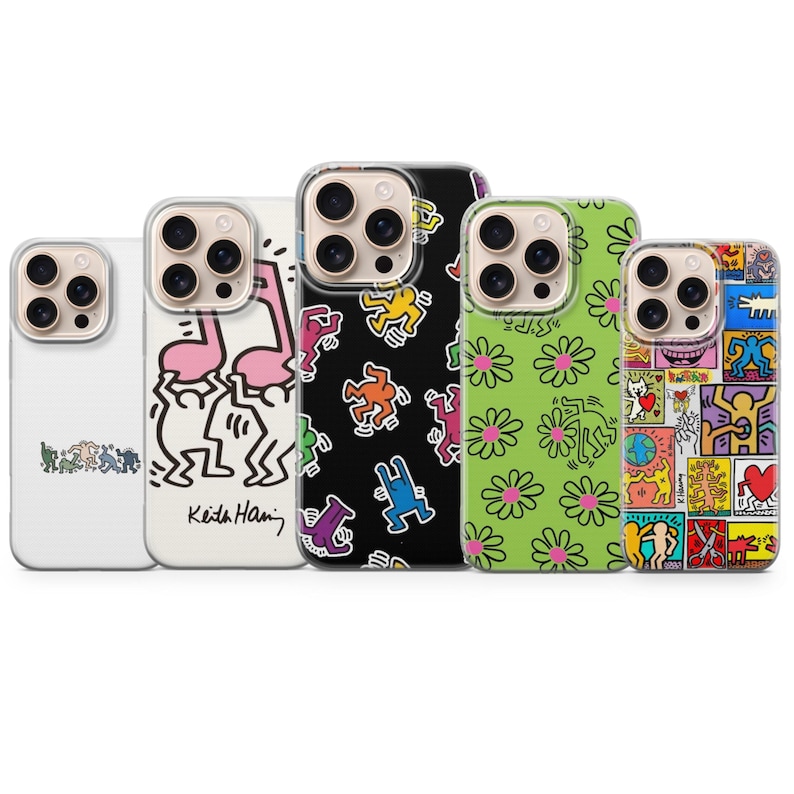 May include: A collection of five phone cases with colorful designs. The cases feature various patterns, including Keith Haring-inspired figures, daisies, and abstract shapes. The cases are designed to fit a smartphone.